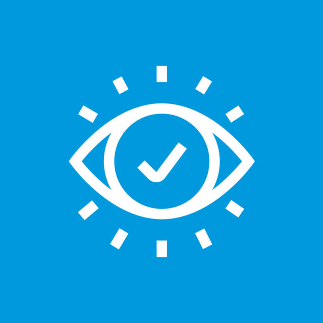 white outline of an eyeball wth a check mark for a pupil against a blue background