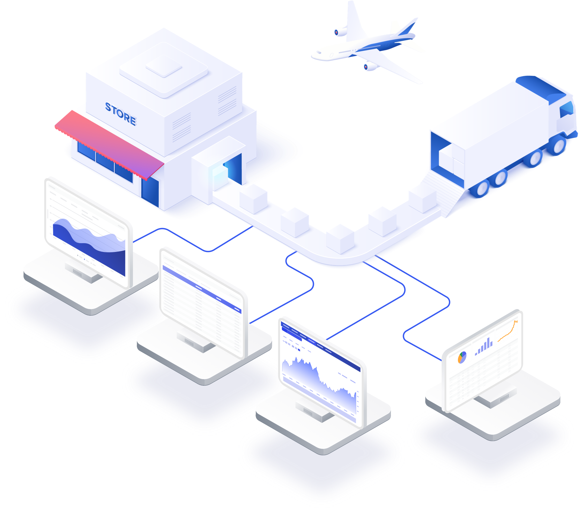 Depiction of supply chain process through computers being hooked up with a belt where a truck is delivering goods to a store