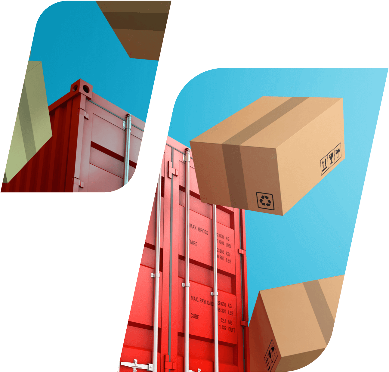 Cargo container with boxes falling around it