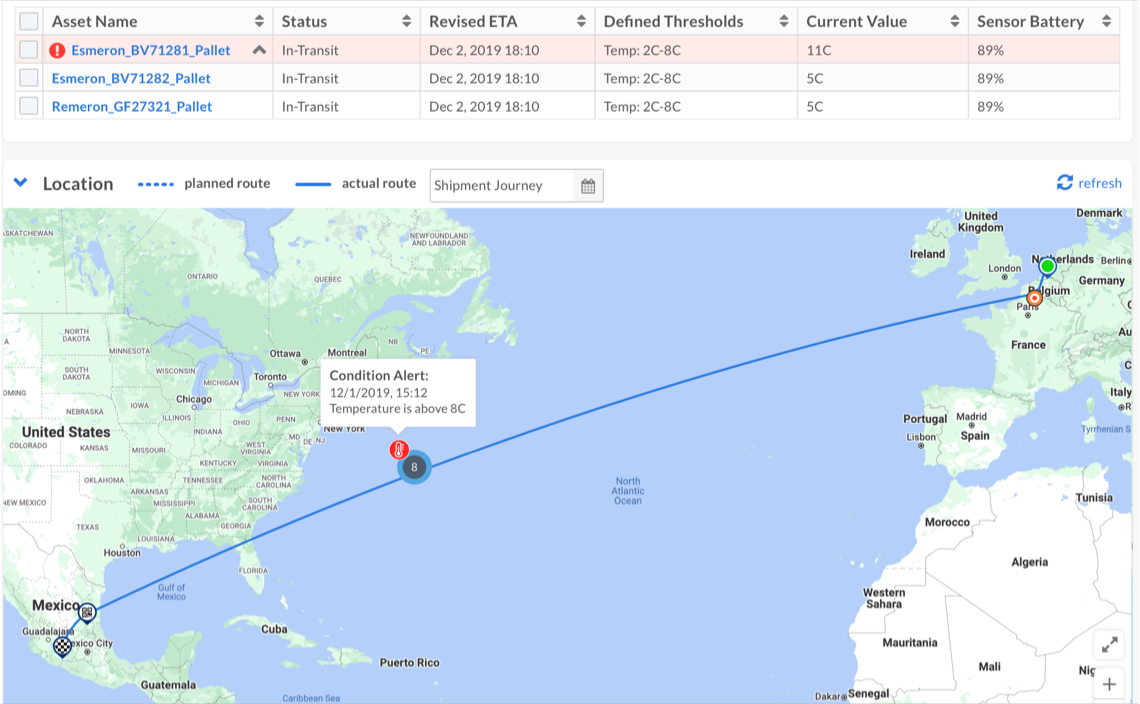 World map showing a delivery between Netherlands and Mexico with a condition alert on the Atlantic Ocean due to temperature