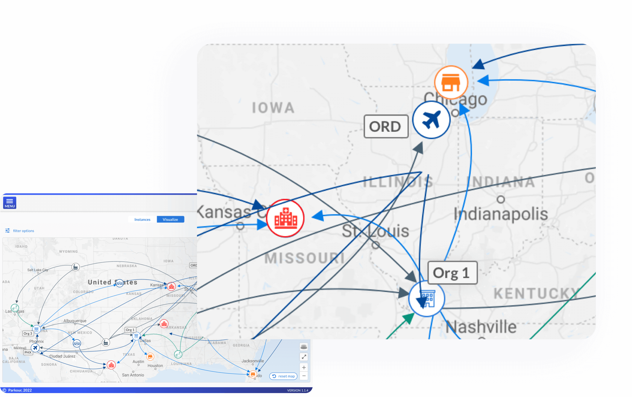 Map depicting delivery routes across the united states with focus on Chicago, Nashville and Kansas City